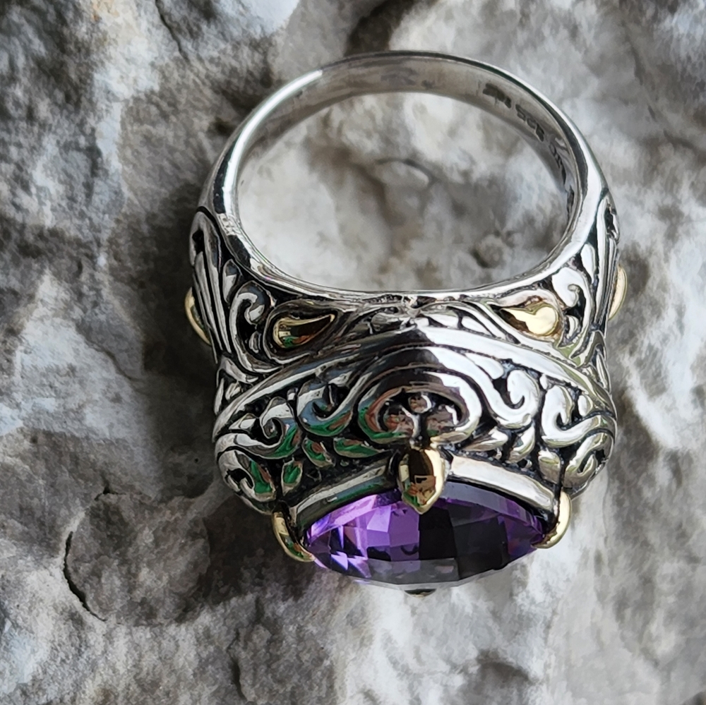 Samuel Benham 925 Sterling Silver 18k Gold Amethyst Designer Size 6.75 Ring BJC - Picture 4 of 12